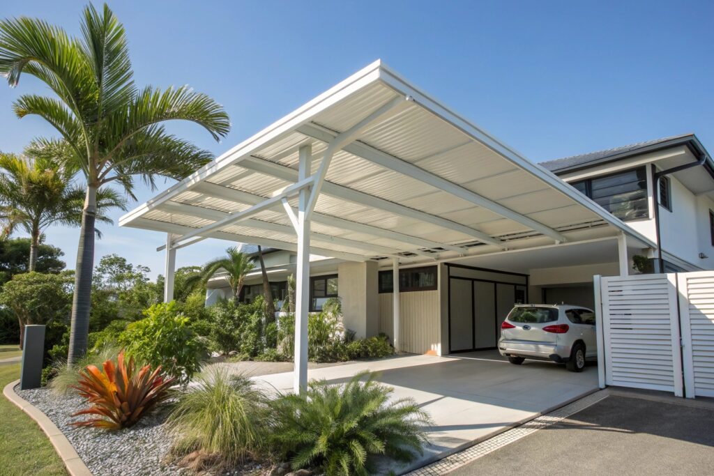 Modern residential double carport installation, Heatley, QLD, tropical home