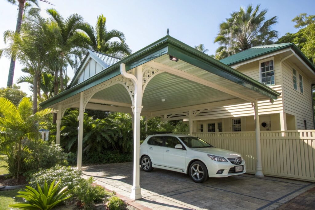 Heritage single carport South Townsville Queenslander home with tropical landscaping