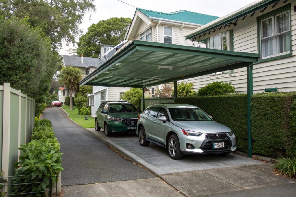 Compact double carport installation, narrow block, South Townsville residential street