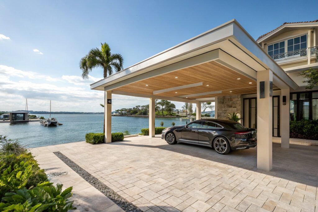 Architectural carports Belgian Gardens million dollar waterfront property integration